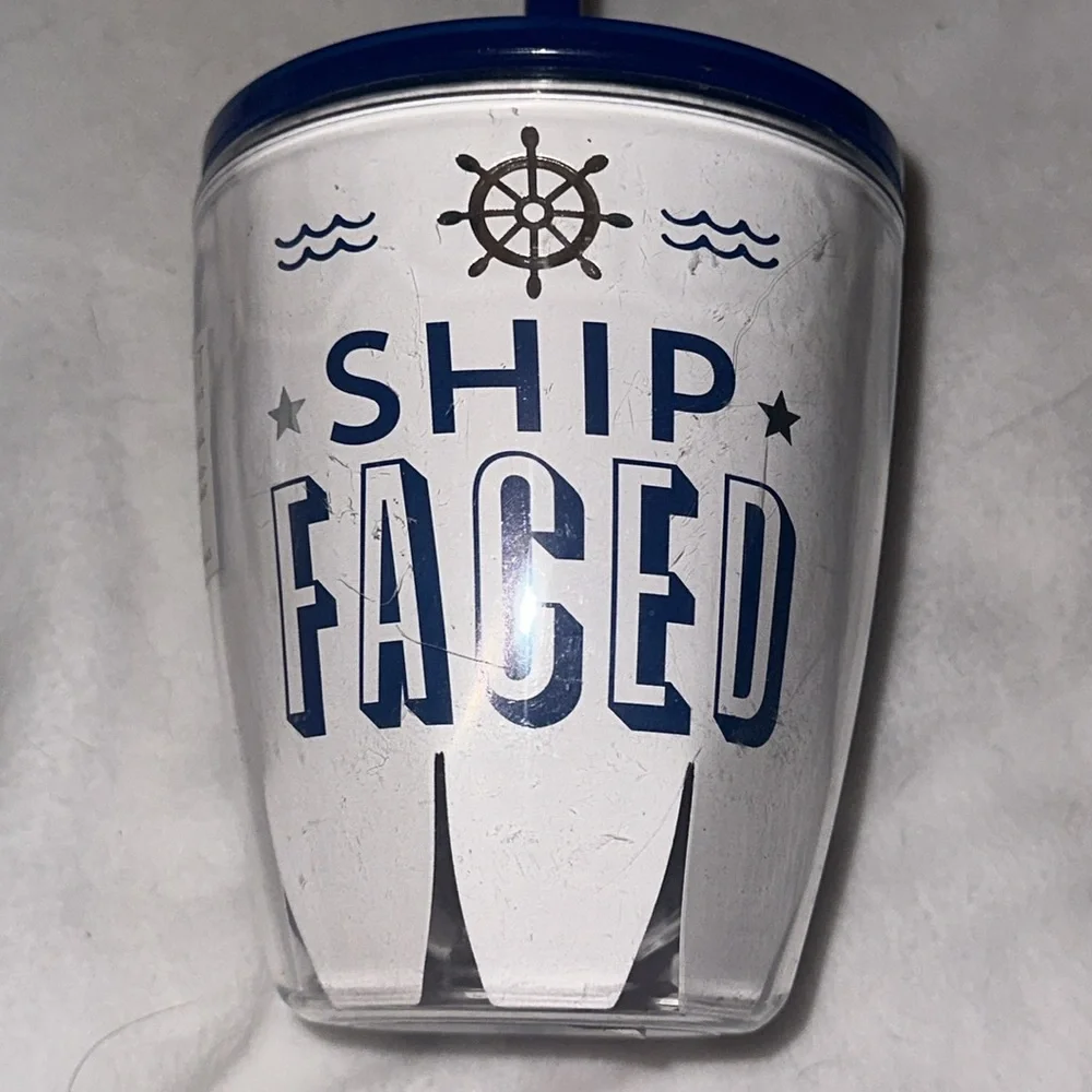 Ship Faced Tumbler Set with Navy Blue Lid and Straw Nautical Boating Theme 2
